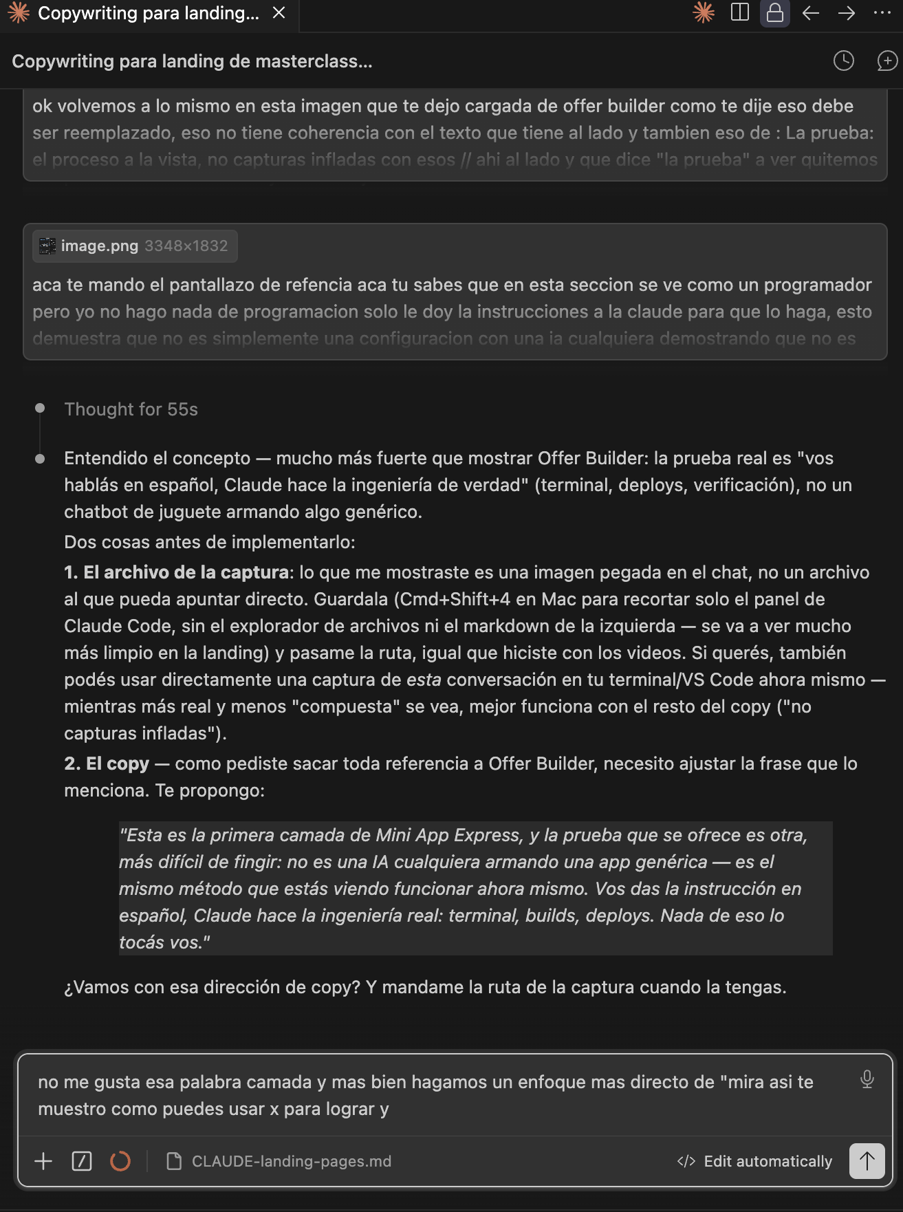 Conversación real con Claude construyendo esta misma landing, sin editar